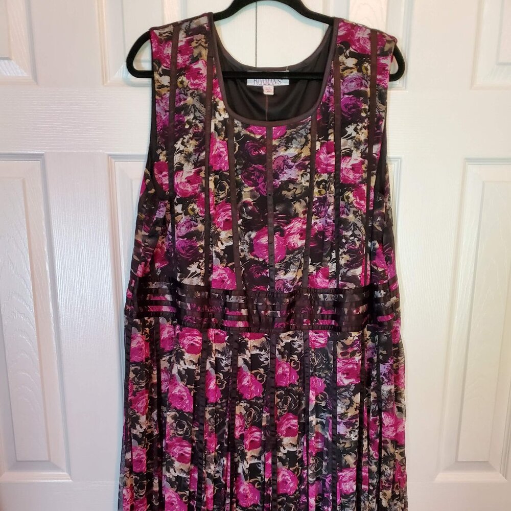 NWT Roaman's Black Floral Print Sheer Lined Pipping Sleeveless Dress 24W